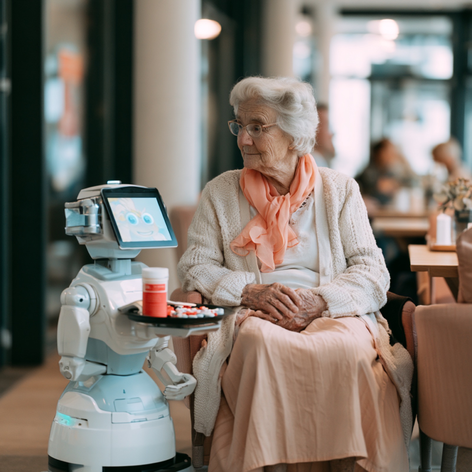 Seniorin sitzt neben einem Serviceroboter mit Tablett