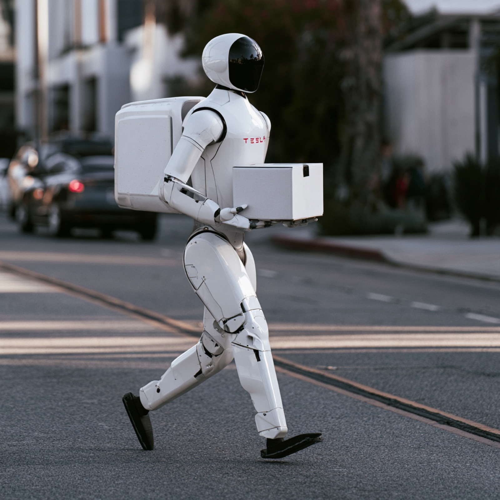 Weißer humanoider Roboter trägt einen Karton über eine Straße